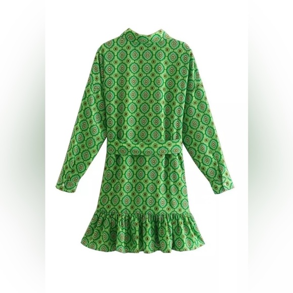 ZARA | Green Geometric Print Long Sleeve Mini Dress - Picture 12 of 12